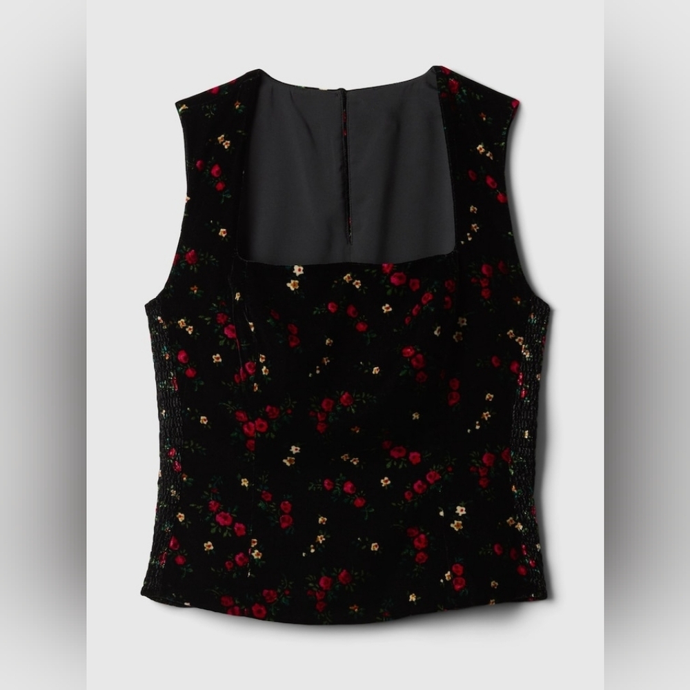 EUC Gap Black Floral Velvet Square-Neck Cropped Top - Picture 3 of 8